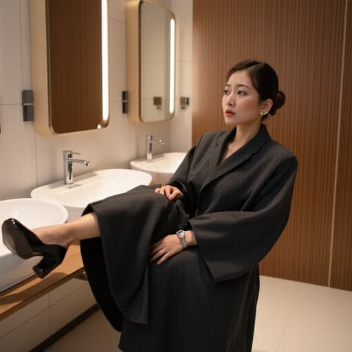 세련된 패션 의상과 스타일리시한 액세서리를 착용한 50대 초반의 동양인 여성이 슬픈 표정을 지으며 신발을 신으려는 자세로 한쪽 발을 들어 올린 모습이 모던한 화장실 배경에서 촬영된 반신 사진입니다.