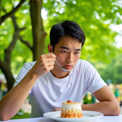 20대 초반의 동양인 남성이 캐주얼한 티셔츠와 청바지를 입고 야외 테이블에 앉아 스트레스를 받은 표정으로 디저트를 바라보고 있다. 한 손으로 디저트를 들고 다른 손으로 숟가락을 사용하여 먹고 있으며, 아름다운 자연 경관이 배경을 이루고 있다.