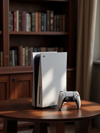 고전 도서관에 놓인 게임 콘솔, 고전 소설로 가득 찬 풍부한 목재 책장과 함께 아늑하고 향수를 불러일으키는 분위기를 창출합니다.