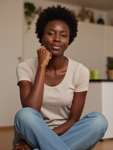 30대 중반의 아프리카계 여성이 현대적인 주방에서 편안한 티셔츠와 청바지를 입고 크로스 레그로 앉아 있습니다. 그녀는 손으로 턱을 괴고 고민하는 듯한 표정을 지으며, 세련된 주방 배경이 현대적인 분위기를 더합니다.