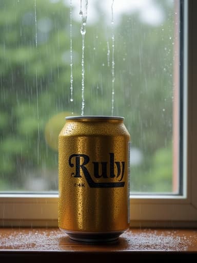 수분 방울이 맺힌 맥주 캔의 클로즈업, 나무 창턱 위에 놓여있고, 유리 위에 빗방울이 흐르고, 부드러운 자연광이 비를 통해 스며들고, 표면에 캔의 미세한 반사, 높은 디테일, 사진처럼 사실적인, 4K