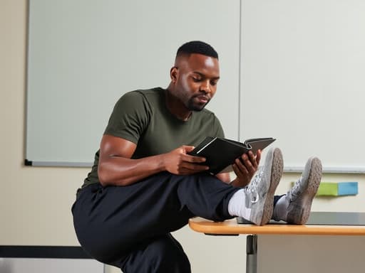 40대 중반의 아프리카계 남성이 운동복을 입고 현대적인 강의실에서 책에 열정적으로 몰입하는 모습으로, 운동하는 자세를 취하며 학습에 대한 헌신을 강조합니다. 배경에는 책상과 화이트보드가 포함되어 있어 자연스러운 조명 아래에서 영감을 주는 학문적 분위기를 만들어냅니다.