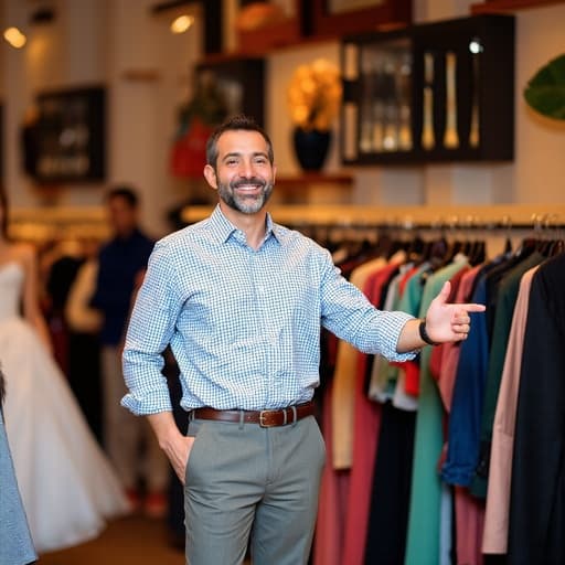 40대 초반의 세련된 라틴계 남성이 패션 매장에서 행복하게 미소짓고 있는 반신 사진. 체크 무늬 셔츠와 우아한 슬랙스, 패셔너블한 신발을 착용하고 있다. 한 손은 엉덩이에 올리고 다른 손으로 패션 아이템을 가리키며 자신감 있고 매력적인 분위기를 연출하고 있다. 다양한 패션 아이템이 주위에 진열되어 있다.