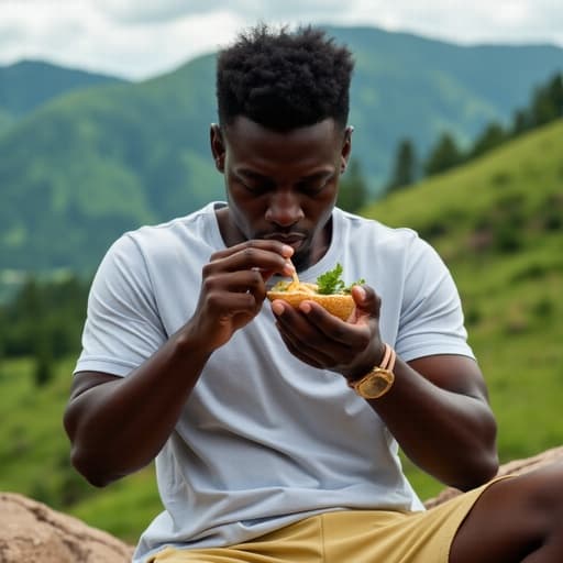 20대 후반의 흑인 남성이 운동복을 입고 손에 든 음식을 바라보며 우울한 표정을 짓고 있는 반신 사진, 평화로운 푸른 산을 배경으로 하고 있습니다.