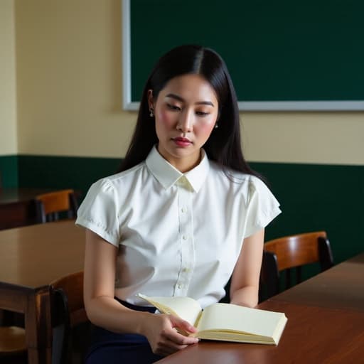 20대 후반의 동양인 여성이 의자에 앉아 차가운 표정으로 펼쳐놓은 책에 깊이 집중하는 모습의 반신 사진. 그녀는 깔끔한 흰색 블라우스와 진한 색의 스커트를 입고 있으며, 배경은 전통적인 교실 환경으로 벽면과 칠판이 있어 학문적인 분위기를 강조합니다.