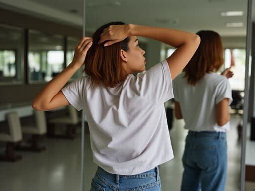 10대 후반의 라틴계 여성이 거울룸에 서서 캐주얼한 티셔츠와 청바지를 입고 있습니다. 그녀는 자연스러운 외모를 가지고 있으며 거울을 보면서 자신의 머리를 손으로 만지고, 피곤한 표정을 짓고 있습니다. 주변의 반사된 표면들이 공간을 넓어 보이게 만들며, 편안하면서도 세련된 분위기를 더하고 있습니다.