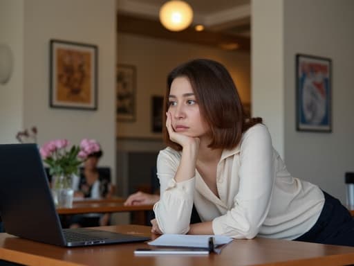 20대 후반의 유럽계 여성이 깔끔한 블라우스와 슬랙스를 입고 카페 테이블에 두 손을 올리고 앉아 있으며, 걱정스러운 표정으로 노트북 화면을 바라보고 있는 반신 사진. 배경에는 넓은 공유 오피스 공간이 보이며, 주변에서 다른 사람들이 일하고 있어 전문적이고 협업적인 환경을 강조합니다.