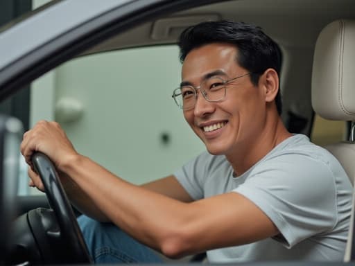 30대 중반의 아시아계 남성이 편안한 티셔츠와 청바지를 입고, 미소를 지으며 운전대를 잡고 있는 반신 사진. 욕실 거울을 보며 운전하는 모습을 상상하는 장면으로, 일상적인 공간과 상상력이 결합된 모습이다.