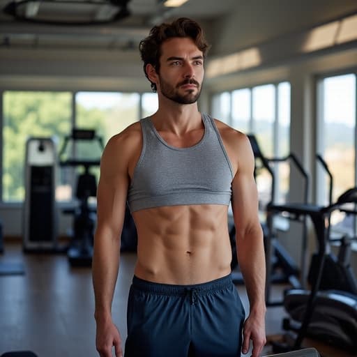 40대 초반의 유럽계 남성이 편안한 운동복과 요가 팬츠를 입고 헬스장에 있는 요가 매트 옆에서 집중한 표정으로 서 있는 반신 사진. 배경에는 다양한 운동 기구와 요가 매트가 배치되어 있어 그의 운동에 대한 헌신을 강조하는 활기찬 분위기를 만들어냅니다.