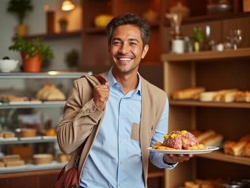 30대 후반의 친근한 백인 남성이 캐주얼한 셔츠와 바지를 착용하고 가벼운 재킷을 걸치고 있는 반신 사진입니다. 그는 한 손에 파티 음식을 들고 다른 어깨에는 가방을 메고 있으며 긍정적인 미소를 지으며 즐거운 분위기를 연출하고 있습니다. 배경에는 다양한 케이크와 빵이 진열된 아늑한 베이커리가 있어 따뜻하고 초대하는 느낌을 줍니다.