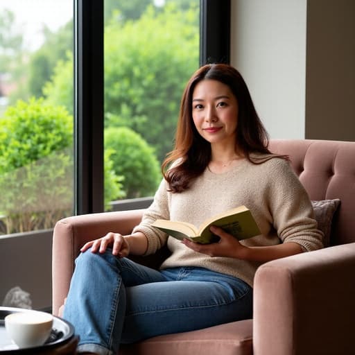 40대 중반의 동양인 여성이 편안한 니트 스웨터와 청바지를 입고 세련된 소파에 앉아 자신감 넘치는 표정으로 책을 읽거나 커피를 마시는 모습입니다. 거실의 큰 창을 통해 아름답게 가꿔진 정원이 보이며, 따뜻하고 초대하는 분위기를 만들어냅니다.