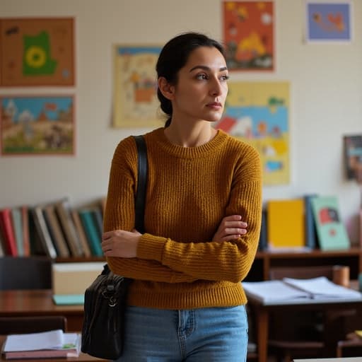 50대 초반의 중동계 여성이 니트 스웨터와 청바지를 입고 책과 교육 포스터로 가득한 공부방에서 서 있는 반신 촬영 사진입니다. 그녀는 어깨에 크로스백을 메고 주변을 둘러보며 약간 불만스러운 표정을 지으며 생각에 잠긴 듯한 모습입니다.