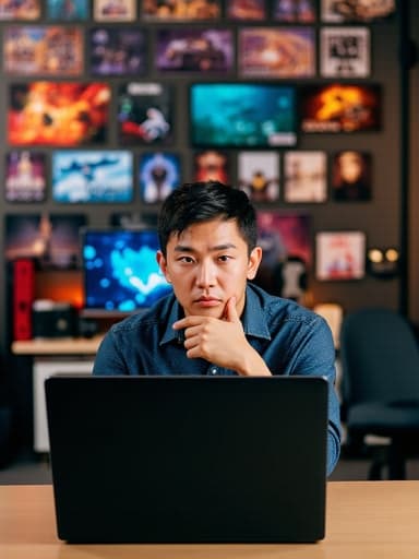 30대 중반의 아시아계 남성이 게임방의 회의 테이블에 앉아 편안한 셔츠와 청바지를 입고 있으며, 걱정스러운 표정으로 손으로 턱을 괴고 노트북 화면을 응시하고 있습니다. 배경에는 다양한 게임 포스터와 장비가 배치되어 있어 생동감 넘치는 분위기를 연출합니다.