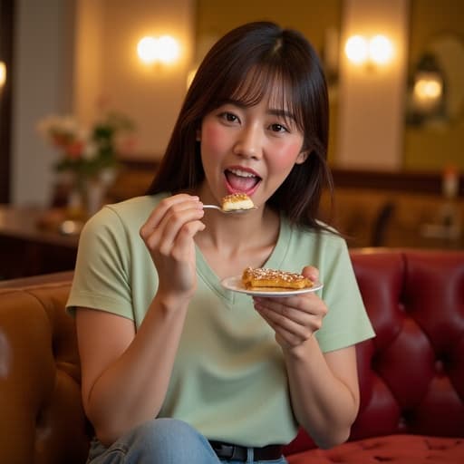 20대 초반의 자신감 넘치는 동양인 여성이 아늑한 식당의 푹신한 소파에 편안하게 앉아 맛있는 디저트를 즐기고 있습니다. 캐주얼한 티셔츠와 청바지를 입고 편안하면서도 세련된 분위기를 자아내고 있습니다. 반신 샷으로 그녀가 기쁘게 디저트를 음미하는 표정이 포착되며, 부드럽고 따뜻한 조명이 식당의 아늑한 분위기를 더욱 강조합니다. 배경은 따뜻한 색조와 우아한 장식으로 구성되어 있어 친밀하고 환영받는 느낌을 줍니다.