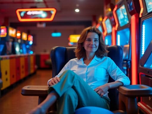 이미지에는 40대 중반의 유럽계 여성이 반신으로 촬영되어 있으며, 비디오 통화를 하면서 편안하게 다리를 뻗고 앉아 있습니다. 그녀는 캐주얼한 블라우스와 편안한 바지를 입고 자연스러운 미소를 지으며 즐거운 기분을 표현하고 있습니다. 배경은 다채로운 장비와 장식이 있는 게임방으로, 생동감 넘치는 분위기를 더하고 있습니다.