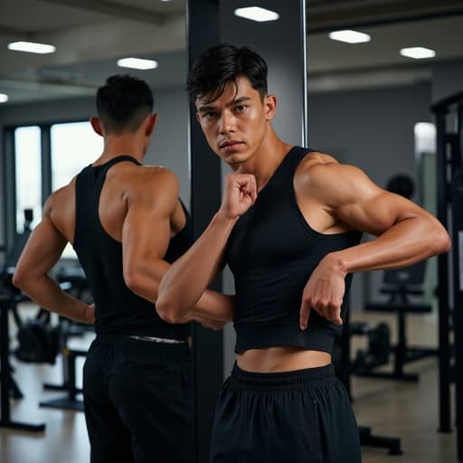 20대 후반의 혼혈 남성이 넓은 실내 운동장에서 거울 앞에서 자신감 있게 슬리브리스 운동복을 조정하고 있으며, 다양한 운동 기구가 배경에 있어 역동적이고 세련된 피트니스 라이프스타일을 반영하고 있습니다.