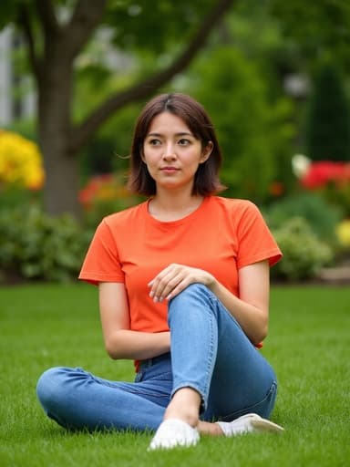 자연스러운 외모를 가진 20대 후반의 백인 여성이 아름답게 가꿔진 정원의 잔디 위에 앉아 있습니다. 밝은 색상의 티셔츠와 청바지를 입고 있으며, 편안한 복장과는 대조적으로 불안한 표정을 지으며 주위를 생각에 잠긴 듯 바라보고 있습니다. 주변에는 다양한 꽃과 나무들이 있어 평화로운 분위기를 자아냅니다.