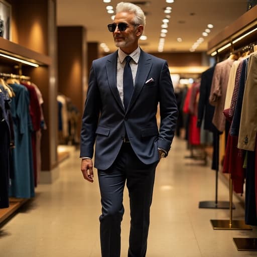 50대 초반의 자신감 넘치는 라틴계 남성이 트렌디한 정장과 고급스러운 액세서리를 착용하고 있는 모습이 반신 촬영으로 담겨 있습니다. 그는 세련된 패션 매장에서 스타일리시한 의상과 액세서리를 살펴보며 걷고 있습니다. 배경에는 매력적인 쇼핑 환경이 펼쳐져 있으며, 고급스러운 분위기를 자아냅니다.