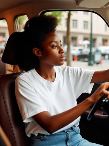 20대 후반의 아프리카계 여성의 반신 상반신 사진으로, 캐주얼한 흰색 티셔츠와 청바지를 입고 있으며 음악에 집중하며 편안하게 운전대를 잡고 있는 모습입니다. 배경은 창 밖으로 보이는 거리 풍경을 갖춘 아늑한 카페로, 그녀의 순간 집중을 강조하는 따뜻한 분위기를 만들어냅니다.