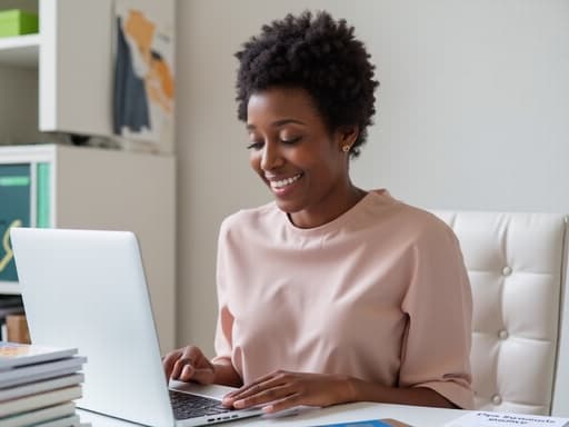 30대 중반 아프리카계 여성이 자연스러운 외모로 비즈니스 캐주얼 복장을 입고, 데이터 분석 관련 서적이 놓인 사무실 환경에서 노트북과 상호작용하며 밝게 미소짓고 있는 모습이 생산성과 집중력을 전달합니다.