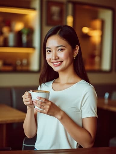 20대 후반 아시아계 여성이 편안한 레스토랑에서 커피 컵을 들고 밝게 웃고 있는 모습의 반신 사진입니다. 캐주얼한 티셔츠와 청바지를 입고 있어 스타일리시하면서도 편안한 분위기를 잘 나타냅니다.