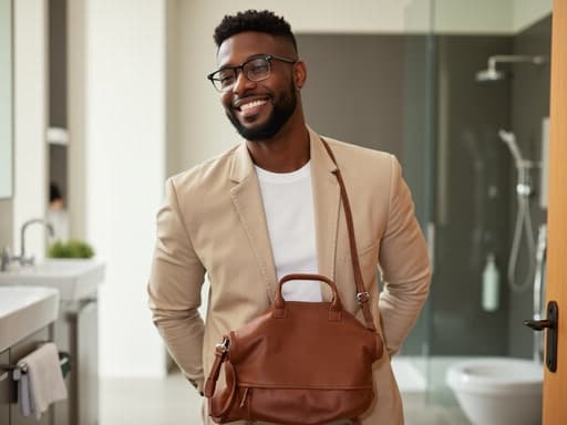 세련된 캐주얼 의상을 입은 30대 중반의 흑인 남성이 현대적이고 깔끔하게 정돈된 화장실에서 자신감 넘치는 표정으로 멋진 가방을 자랑스럽게 든 반신 사진입니다. 그의 활기찬 표정과 자신감 있는 자세가 배경과 어우러져 가방을 강조합니다.