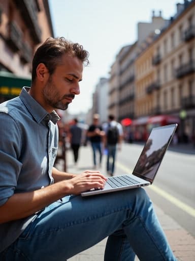 이 이미지는 40대 중반의 혼혈 남성이 캐주얼한 셔츠와 청바지를 입고 바쁜 도시 거리에서 노트북을 사용하는 모습을 담고 있습니다. 피곤한 표정은 그의 작업에 집중하는 순간의 스트레스를 암시하며, 다양한 사람들이 오가는 분주한 환경 속에서 있습니다.