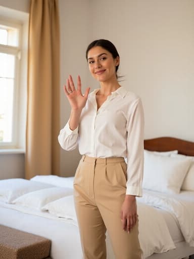 20대 초반의 유럽계 여성이 반신 촬영으로 포착되었습니다. 그녀는 깔끔한 화이트 블라우스와 베이지색 팬츠를 착용하고 있으며, 침대 옆에 서서 손을 흔들며 밝고 자신감 있는 표정을 짓고 있습니다. 아늑한 침실 배경은 부드러운 조명과 정돈된 인테리어가 어우러져 초대하는 듯한 분위기를 더합니다.