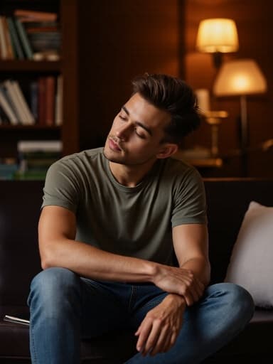 20대 중반의 혼혈 남성이 자연스러운 외모로 편안한 티셔츠와 청바지를 착용한 반신 샷입니다. 그는 아늑한 소파에 앉아 팔을 무릎에 올리고 고개를 숙인 채 깊은 생각에 잠긴 슬픈 표정을 짓고 있습니다. 배경은 책과 노트가 놓인 스터디룸으로, 부드럽고 따뜻한 조명으로 아늑한 분위기를 자아냅니다.
