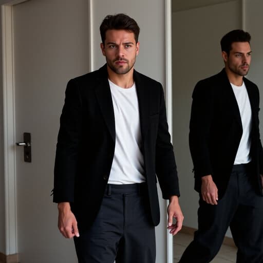 세련된 블랙 재킷과 화이트 티셔츠를 입은 30대 중반의 라틴계 남성이 현대적인 거울 앞에서 걷고 있는 모습의 반신 초상, 강렬한 표정을 지으며 자신의 모습에 대한 강한 의지를 드러내고 있습니다.