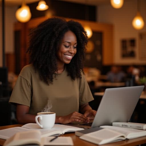 10대 후반의 흑인 여성이 캐주얼한 티셔츠와 청바지를 입고 아늑한 카페에서 노트북을 사용하며 자유롭게 미소 짓고 있는 반신 촬영 장면입니다. 테이블 위에는 커피잔과 책이 놓여 있어 따뜻하고 초대하는 분위기를 연출하고 있습니다.