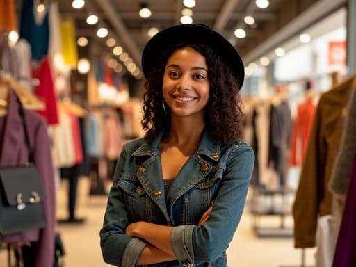 이 이미지는 트렌디한 의상을 입고 팔짱을 낀 자신감 넘치는 혼혈 10대 여성이 다양한 패션 아이템이 진열된 패션 매장에서 촬영된 모습입니다. 그녀의 긍정적인 표정과 세련된 액세서리는 이 공간의 생기 넘치는 분위기를 더욱 강조합니다.