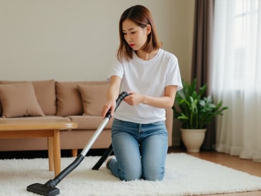 이 이미지는 30대 초반의 한국 여성의 반신 촬영을 보여줍니다. 편안한 티셔츠와 청바지를 입고, 아늑한 거실에서 바닥을 청소하는 모습에 집중하고 있습니다. 부드러운 조명과 아늑한 배경이 따뜻한 분위기를 연출하여 집안 청소라는 일상적인 활동을 강조합니다.
