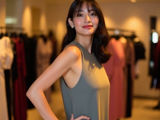 20대 초반의 자신감 넘치는 동양인 여성이 세련된 원피스와 높은 힐을 신고 있는 반신 촬영이 포착되었습니다. 그녀는 안정감 있게 허리에 손을 얹고 밝은 미소를 지으며 고급스러운 패션 매장 앞에 서 있습니다. 다양한 의류와 액세서리로 가득한 매장이 배경을 이루고 있습니다.
