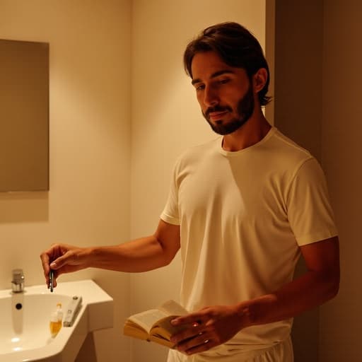 30대 후반의 중동계 남성이 부드러운 색상의 홈웨어를 입고 책을 읽으며 차분한 표정을 짓고 있습니다. 그는 가벼운 춤을 추듯 몸을 살짝 흔들고 있으며, 따뜻한 조명이 비치는 아늑한 욕실 배경이 특징입니다.