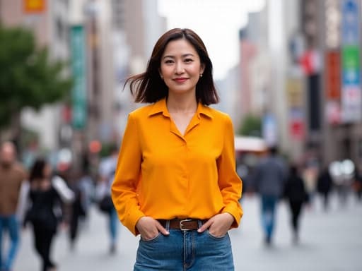 40대 중반의 한국인 여성이 세련된 캐주얼 의상을 입고 활기찬 도시 거리에서 자신감 있는 모습으로 서 있습니다. 그녀의 밝은 블라우스와 편안한 청바지는 자연스러운 외모를 강조하며, 손을 자연스럽게 내리고 여유로운 매력을 발산하고 있습니다.