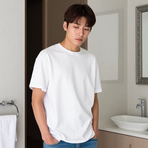 세련된 화장실에서 캐주얼한 흰색 티셔츠와 청바지를 입고 있는 30대 중반의 한국인 남성의 반신 사진입니다. 그는 지루한 표정을 지으며 한 손은 주머니에 넣고 다른 손은 자연스럽게 아래로 내려뜨리고 있습니다. 세련된 화장실 배경이 현대적이고 세련된 분위기를 강조합니다.