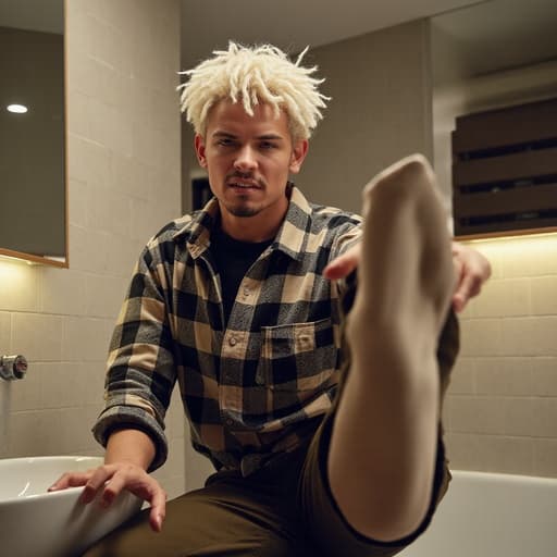 40대 중반의 혼혈 남성이 자연스러운 외모와 함께 트렌디한 스트리트웨어, 체크 패턴의 셔츠를 착용한 반신 사진입니다. 그는 화장실 벽에 기대어 스트레칭하며 화난 표정을 짓고 있는 역동적인 자세를 취하고 있습니다. 현대적인 디자인의 화장실은 밝은 조명으로 분위기를 강조합니다. 이 구성은 남성의 감정과 신체성을 강조하여 매력적이고 공감할 수 있는 이미지를 만들어냅니다.