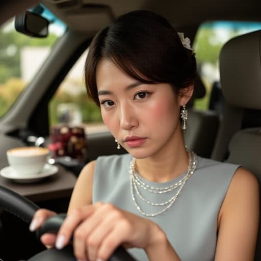 30대 중반의 동양인 여성이 결혼식에 어울리는 우아한 드레스를 입고 아늑한 카페에서 짜증 난 표정을 지으며 핸들을 잡고 있는 모습, 커피잔과 장식으로 둘러싸여 세련됨과 불만이 대비되는 이미지를 만들어냅니다.