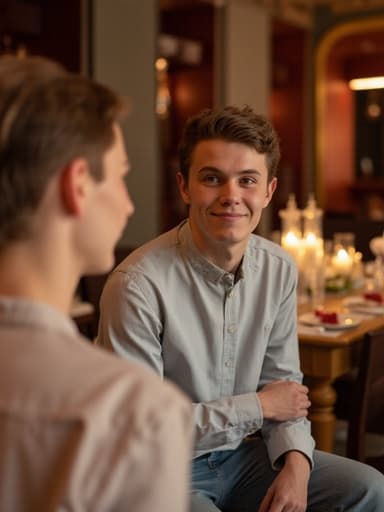 10대 후반의 백인 남성 모델이 아늑한 레스토랑 앞 거울에 서서 화장품을 바르며 자신감 넘치는 모습으로 즐거운 표정을 짓고 있습니다. 그는 캐주얼한 셔츠와 스타일리시한 청바지를 입고 있으며, 꽃과 촛불로 장식된 배경이 특별한 분위기를 더하고 있습니다.