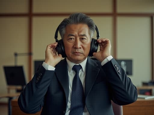 50대 초반의 아시아계 남성이 정장 차림으로 의자에 앉아 헤드폰을 쥐고 분노한 표정을 짓고 있는 반신 촬영입니다. 배경은 책상과 컴퓨터가 있는 사무실 환경을 보여주어 장면의 긴장감과 불만을 더합니다.