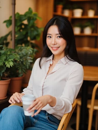 자연스러운 외모를 가진 20대 후반의 아시아계 여성이 카페의 아늑한 내부에서 의자에 편안하게 앉아 커피 잔을 손에 들고 자신감 넘치는 미소를 짓고 있는 모습이 반신 촬영으로 담겨 있습니다. 배경은 나무 테이블과 다양한 식물들이 있는 따뜻한 카페 내부로, 편안한 분위기를 자아냅니다.