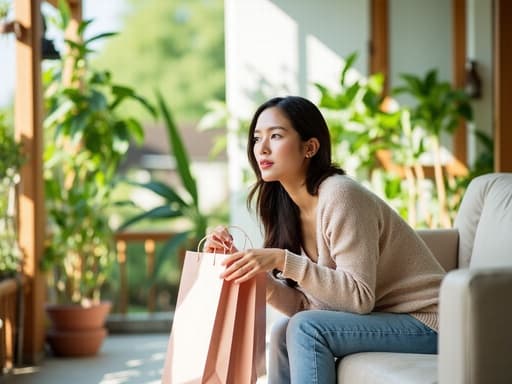 30대 후반의 한국인 여성의 반신 사진으로, 자연스러운 외모를 가진 그녀가 햇살이 잘 드는 베란다의 소파에 편안하게 앉아 있습니다. 소프트한 컬러의 스웨터와 청바지를 입고 있으며, 차분한 표정을 지으며 손에 쇼핑백을 들고 주변을 가볍게 바라보고 있습니다. 배경은 식물들로 가득 차 있어 아늑하고 따뜻한 분위기를 더해줍니다.
