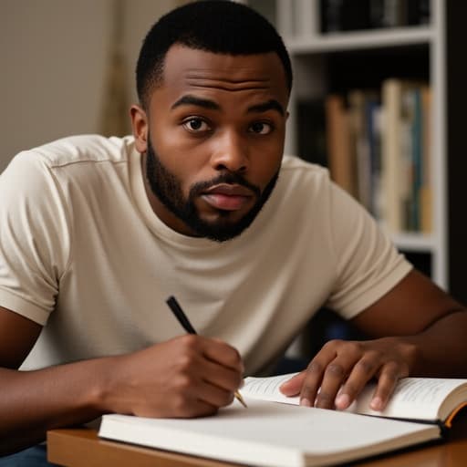 이 이미지는 30대 후반의 혼혈 남성이 편안한 티셔츠와 청바지를 입고 아늑한 책상에 앉아 있는 반신샷을 보여줍니다. 그는 노트에 무언가를 집중해서 쓰고 있는 모습으로 약간 당황한 표정을 짓고 있으며, 배경에는 따뜻한 집안의 책과 공부 자료들이 가득 차 있습니다.