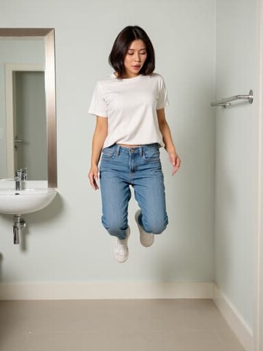 20대 후반 아시아계 여성이 캐주얼한 복장을 하고 현대적인 욕실에서 점프하는 모습. 그녀의 스트레스를 받는 표정이 현대적인 환경 속에서 자신을 고양시키려는 노력을 보여줍니다.