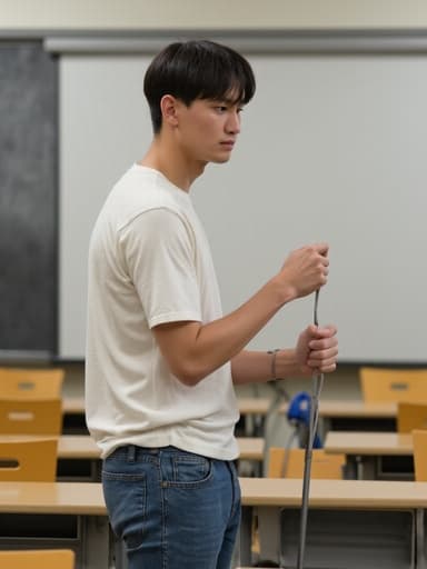 20대 후반의 동양인 남성이 편안한 티셔츠와 청바지를 입고 반신 사진으로 표현되어 있습니다. 그는 청소 도구를 들고 강의실을 청소하는 모습으로 지루한 표정을 짓고 있습니다. 강의실 배경은 정리된 책상들로 구성되어 있어 그의 편안한 태도와 대조를 이루고 있습니다.