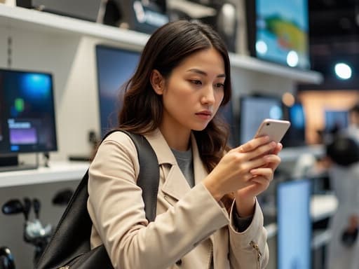 30대 초반의 라틴계 여성이 편안한 캐주얼 의상에 가벼운 재킷을 입고 반신 촬영된 모습이다. 그녀는 비디오 통화에 집중하고 있으며, 차가운 표정을 짓고 있다. 한 손에는 스마트폰을 들고 있고, 어깨에는 가방을 매고 있으며, 다양한 전자기기와 액세서리들이 진열된 전자매장 내부를 배경으로 하고 있다.