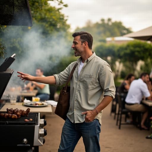 50대 초반의 자연스러운 외모를 가진 백인 남성이 편안한 캐주얼 셔츠와 청바지를 입고, 한 손으로 바베큐를 향해 손짓하며 대화하는 모습의 반신 샷입니다. 그는 음식에 대한 기대감으로 열정적인 표정을 짓고 있습니다. 배경에는 그릴에서 연기가 피어오르고 사람들로 가득한 따뜻한 바베큐장이 펼쳐져 있습니다.