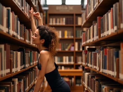 20대 후반 중동계 여성이 아름다운 도서관의 책 사이에서 스트레칭하며 활짝 웃고 있는 모습의 3/4 샷. 그녀는 세련된 스포츠웨어와 레깅스를 착용하고 있으며, 편안한 분위기 속에서 운동과 지식이 조화를 이루고 있습니다.