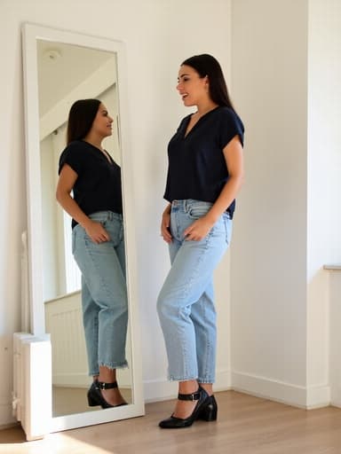 자신감 넘치는 20대 후반의 유럽계 여성이 세련된 캐주얼 의상을 입고 멋진 신발을 신으며 디자인이 멋진 거울 앞에서 자신의 모습을 확인하며 미소 짓고 있습니다. 밝고 우아한 방의 분위기가 그녀의 스타일을 강조하며, 자연스러운 자세와 즐거운 표정이 담겨 있습니다.